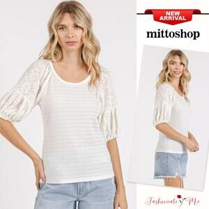 ❤️Mittoshop Mixed Media Textured Knit Popcorn Puff Sleeves Blouse | Off White
